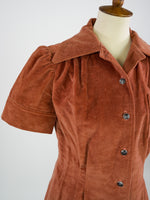 1970s BURNT CORAL HANDMADE CORDUROY BUTTON UP SIZE M/L