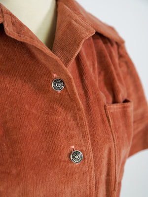 1970s BURNT CORAL HANDMADE CORDUROY BUTTON UP SIZE M/L