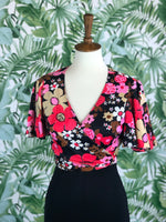 1970s Black and Floral Open Back Maxi Dress with Matching Floral Crop Size Small