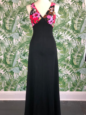 1970s Black and Floral Open Back Maxi Dress with Matching Floral Crop Size Small