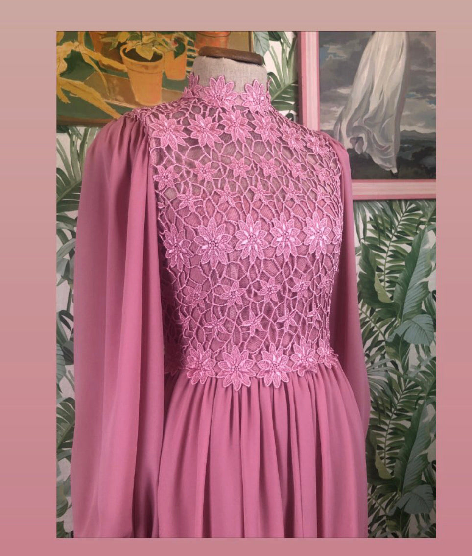 RIZKALLAH Blush Maxi Dress Intricate Lace & Floral Detail